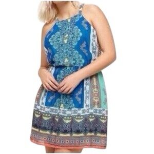 As U Wish Boho Blue Patterned Sleeveless Mini Dress NWT Size S